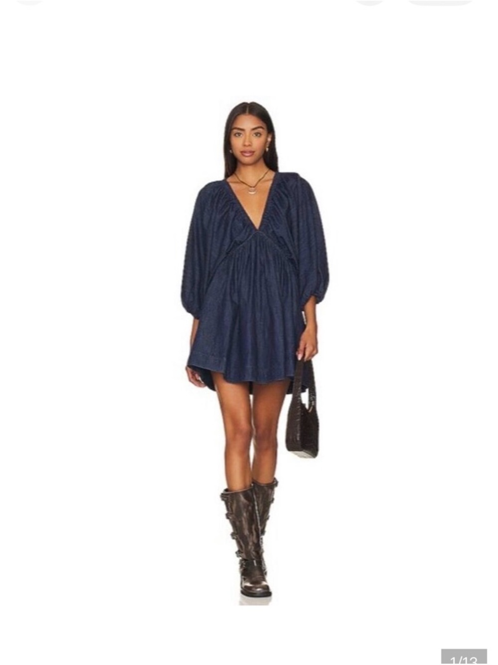 Free People Navy V-Neck Puff Sleeve Mini Dress